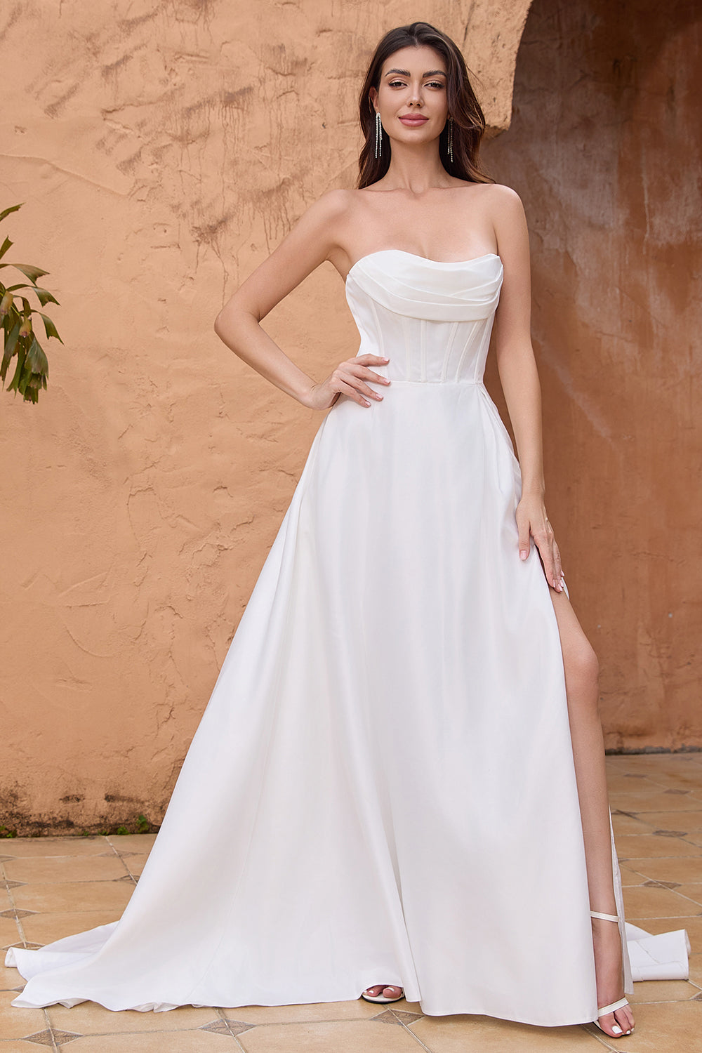 Elegant A Line Strapless Pleated Sweep Train White Wedding Dress With Slit