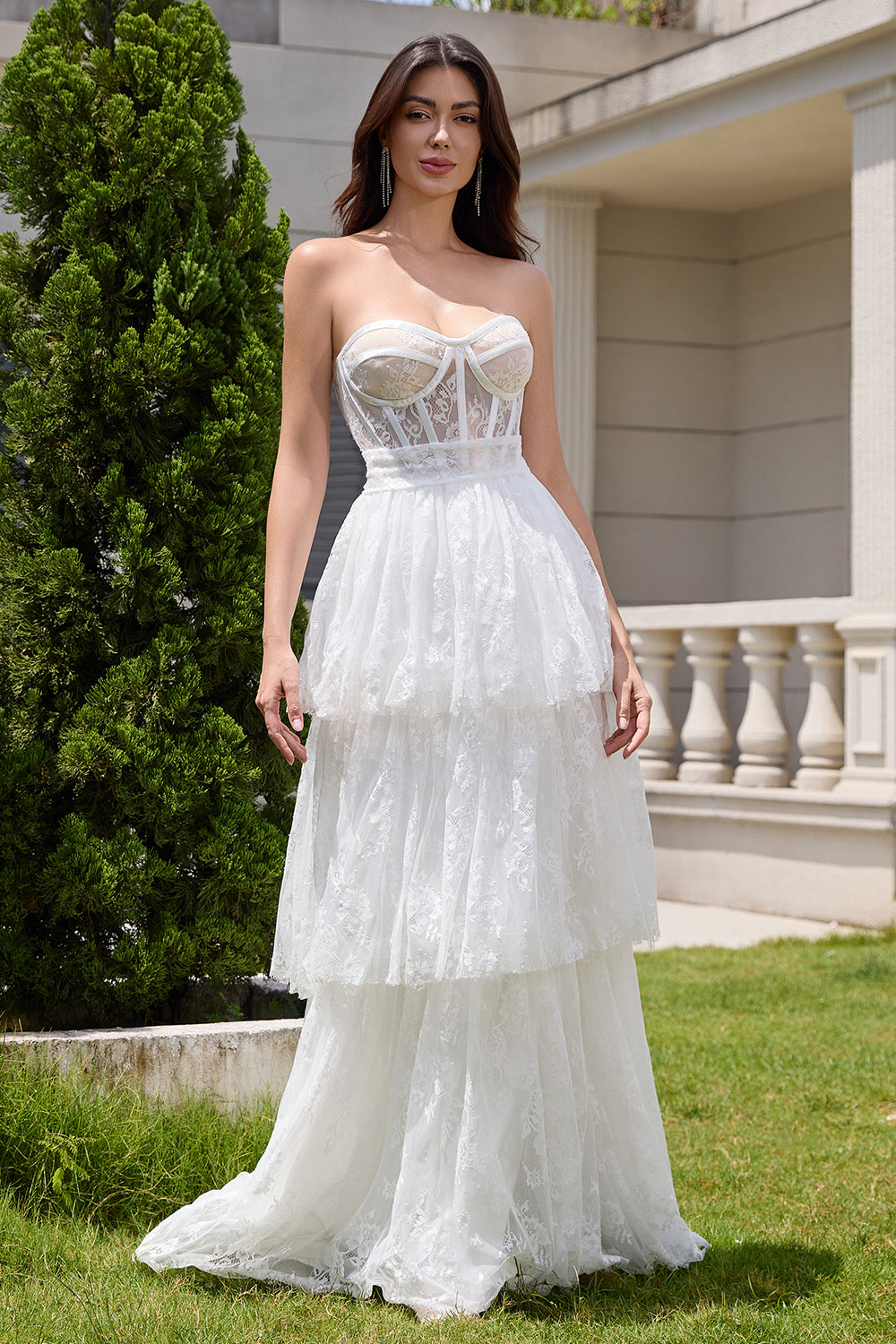 Elegant White Strapless Corset Tiered Long Bridal Party Dress with Lace