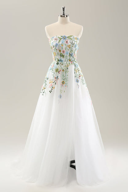 White A Line Strapless Tulle Long Slit Wedding Dress with 3D Flowers