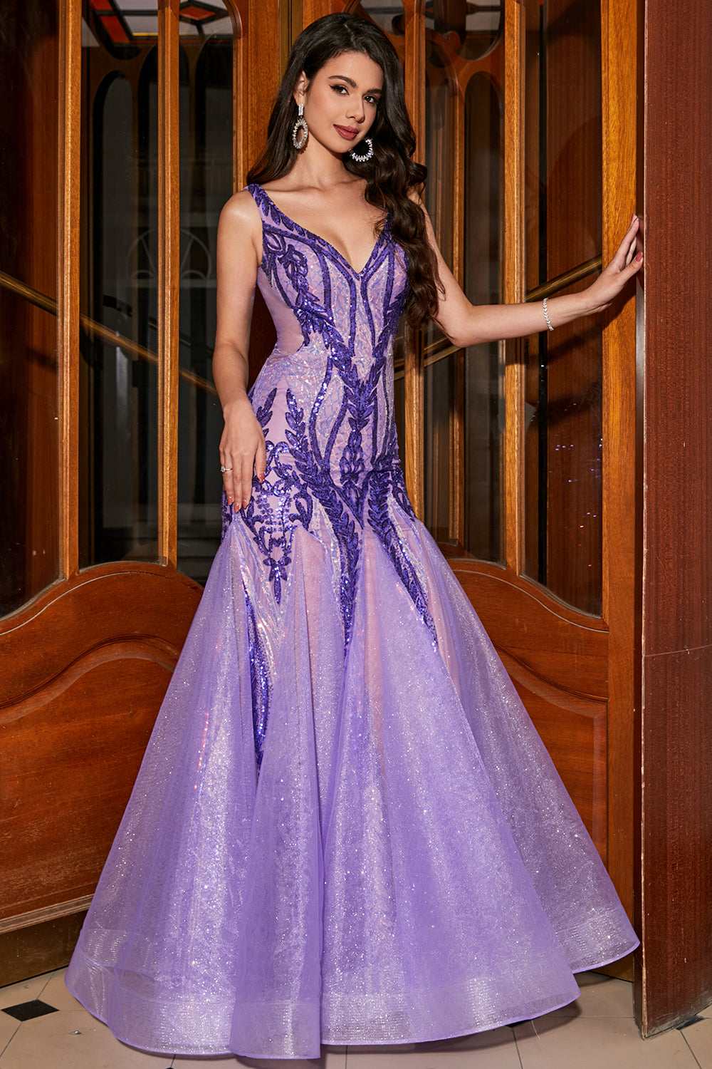 Sparkly Purple Mermaid Long Prom Dress with Accessory