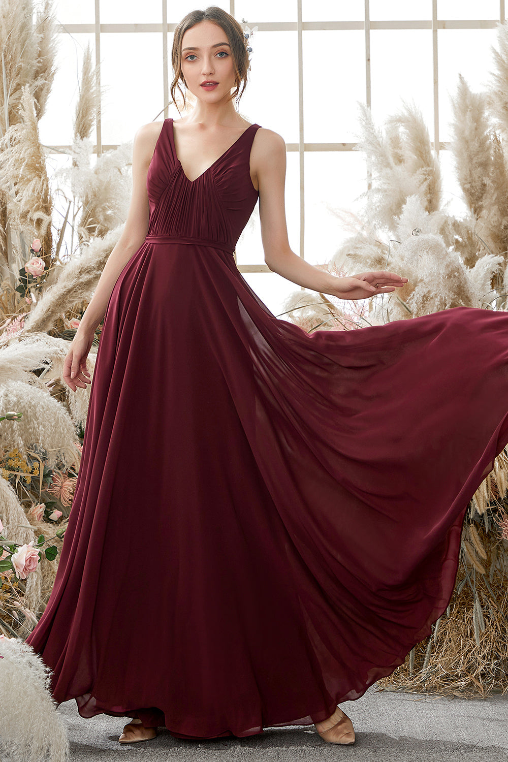 Burgundy V Neck Chiffon Prom Dress