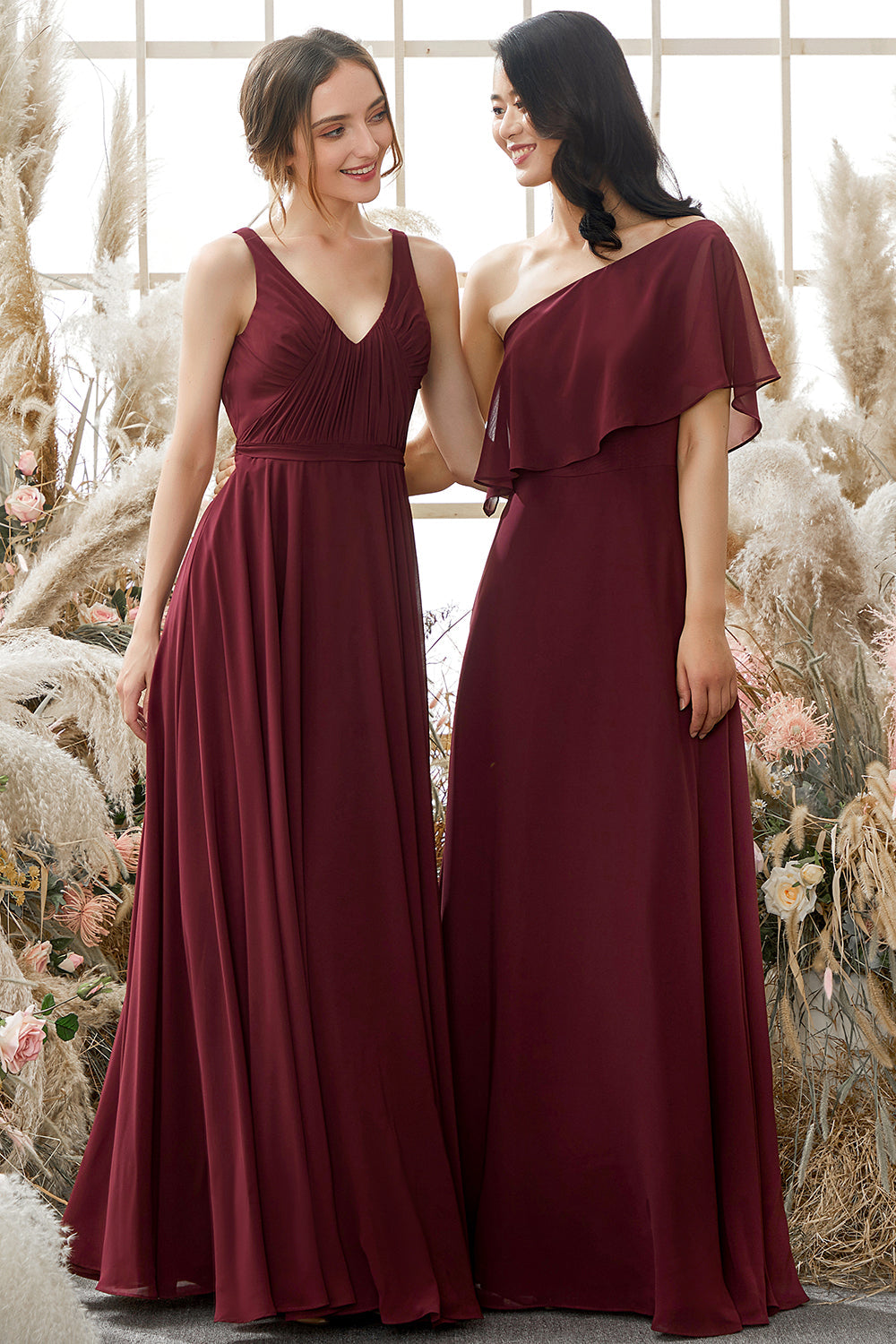 One Shoulder Burgundy Chiffon Bridesmaid Dress