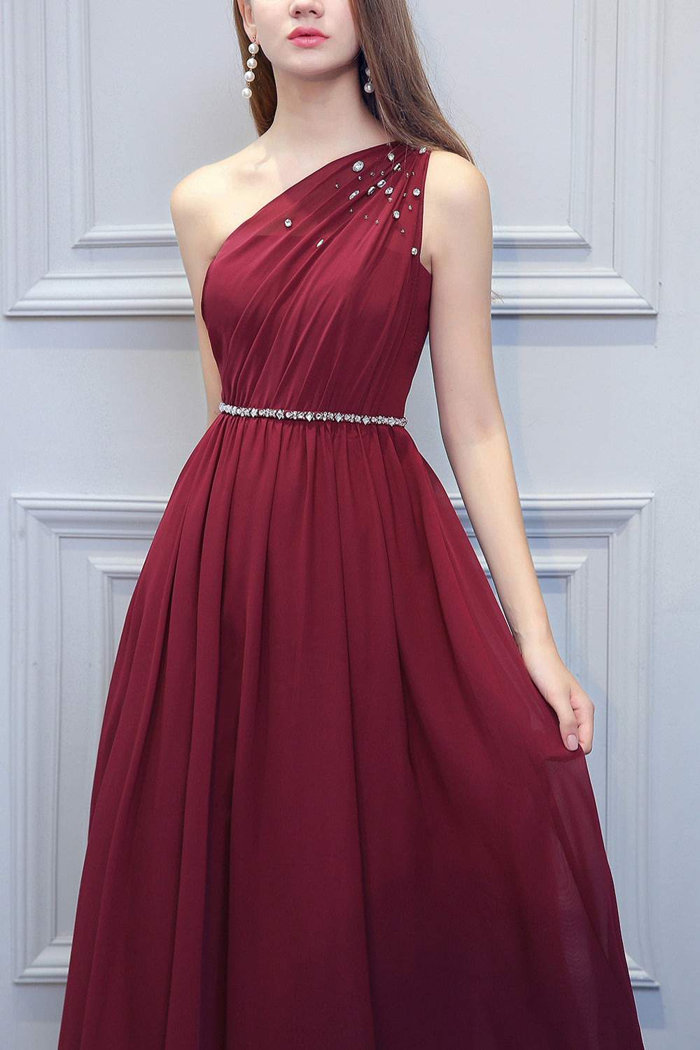 One Shoulder Long Chiffon Bridesmaid Dress With Beading