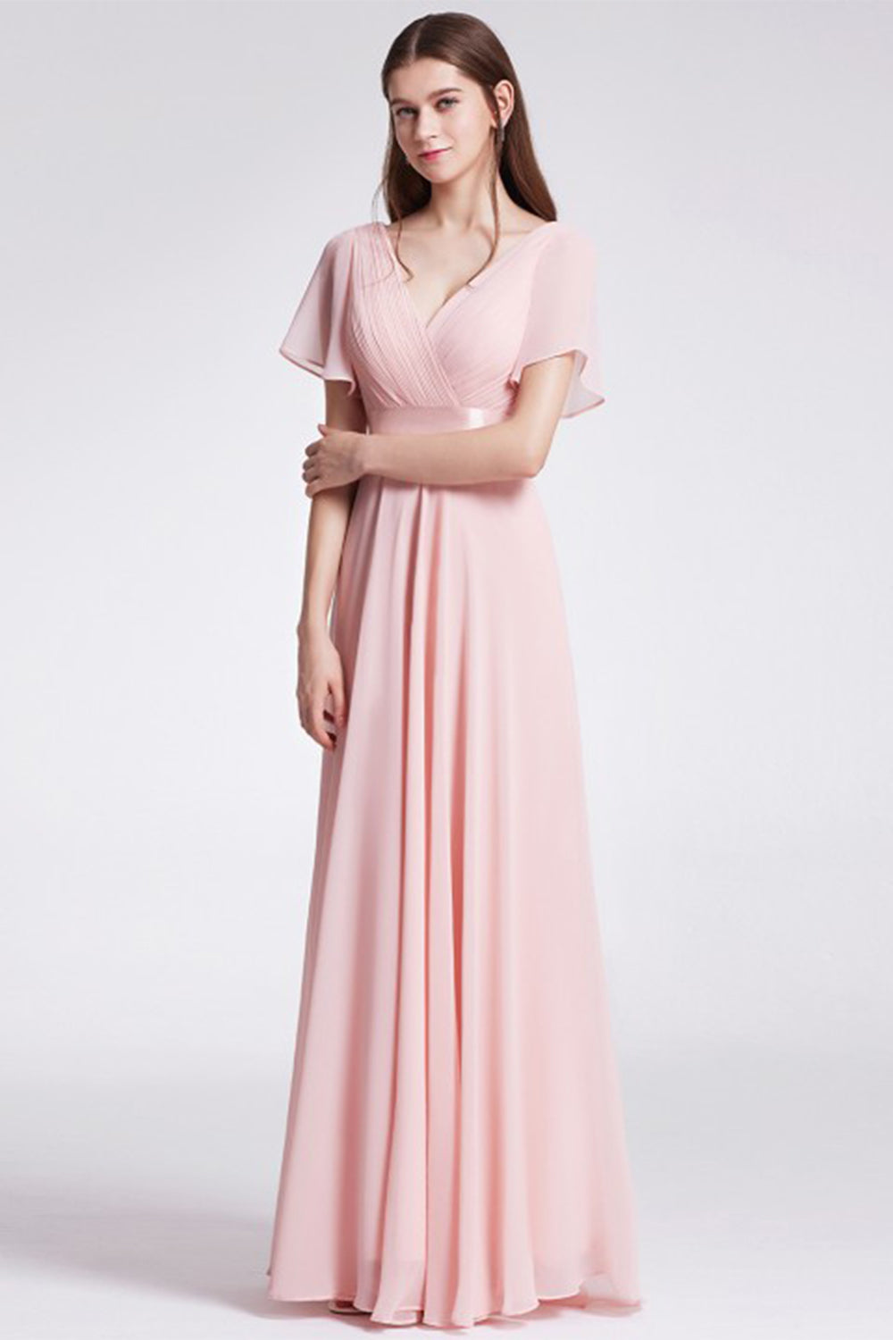 V Neck Pink Bridesmaid Dress with Ruffles