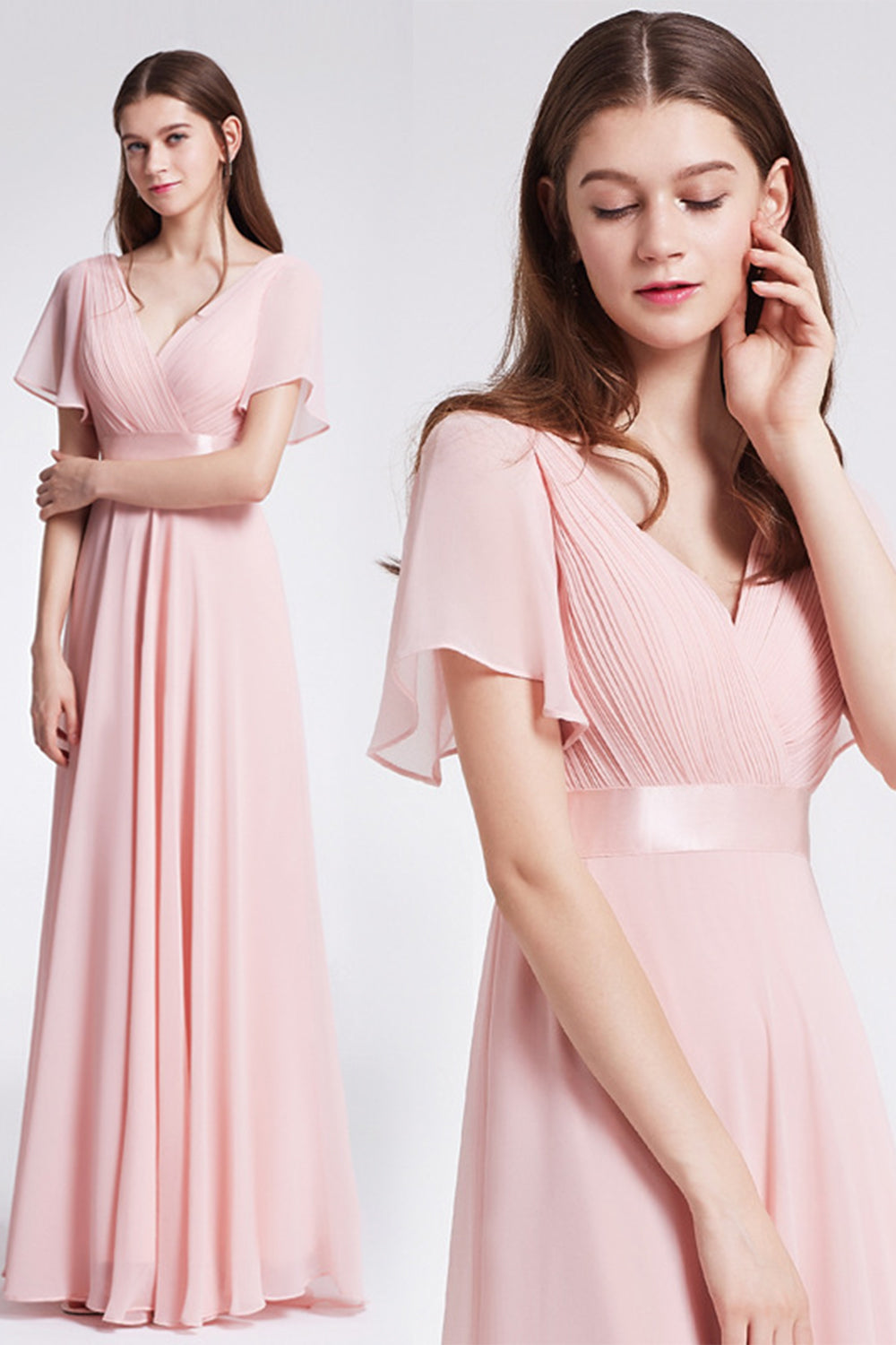 V Neck Pink Bridesmaid Dress with Ruffles