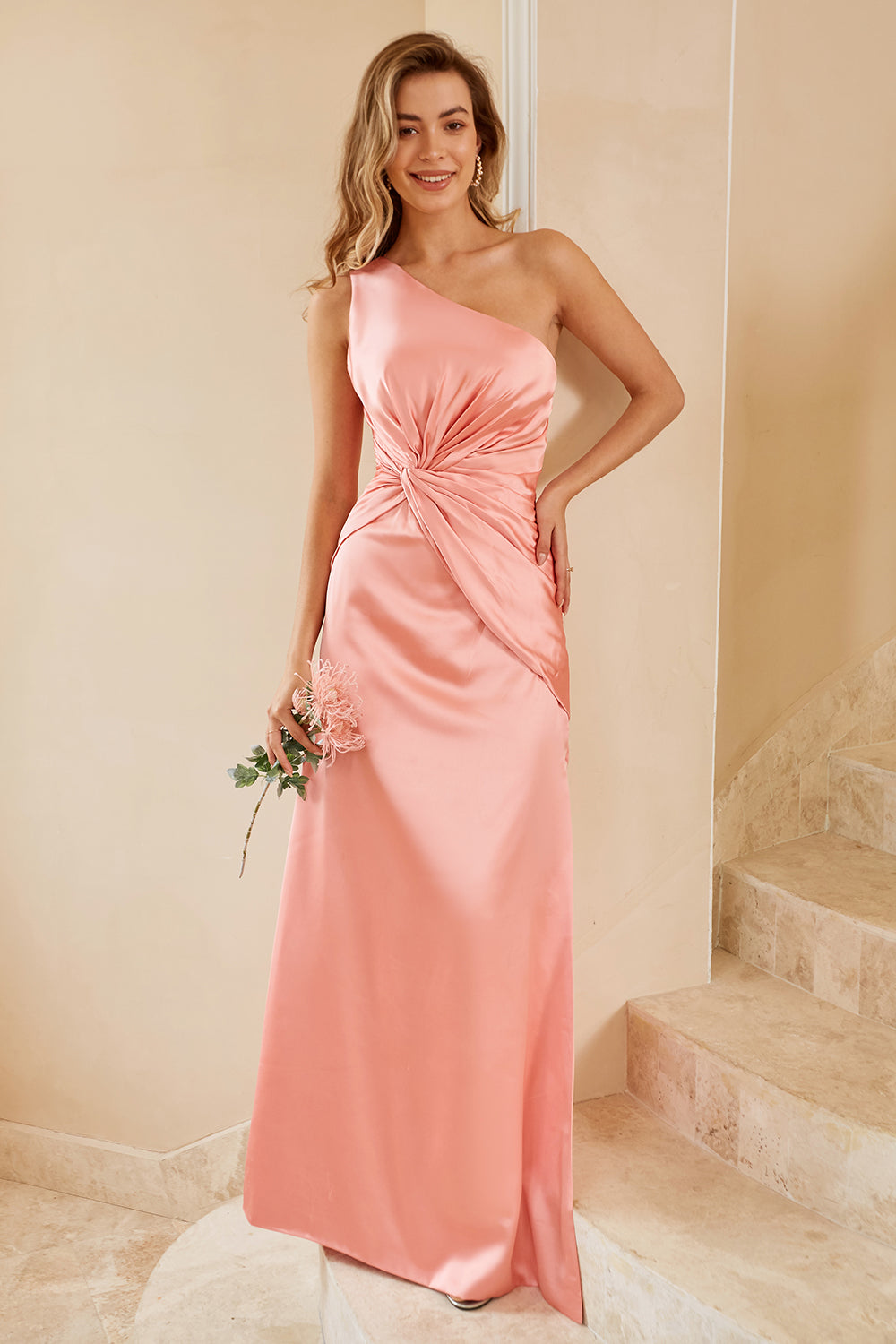 Peach One Shoulder Bridesmaid Dress with Ruffles