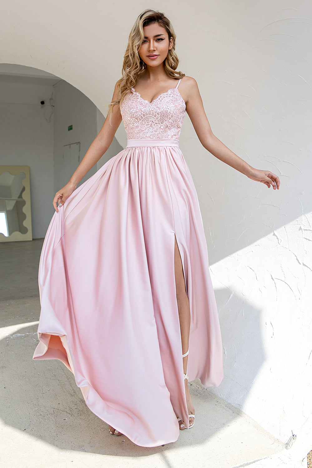 Blush Sequins Prom Dress with Slit