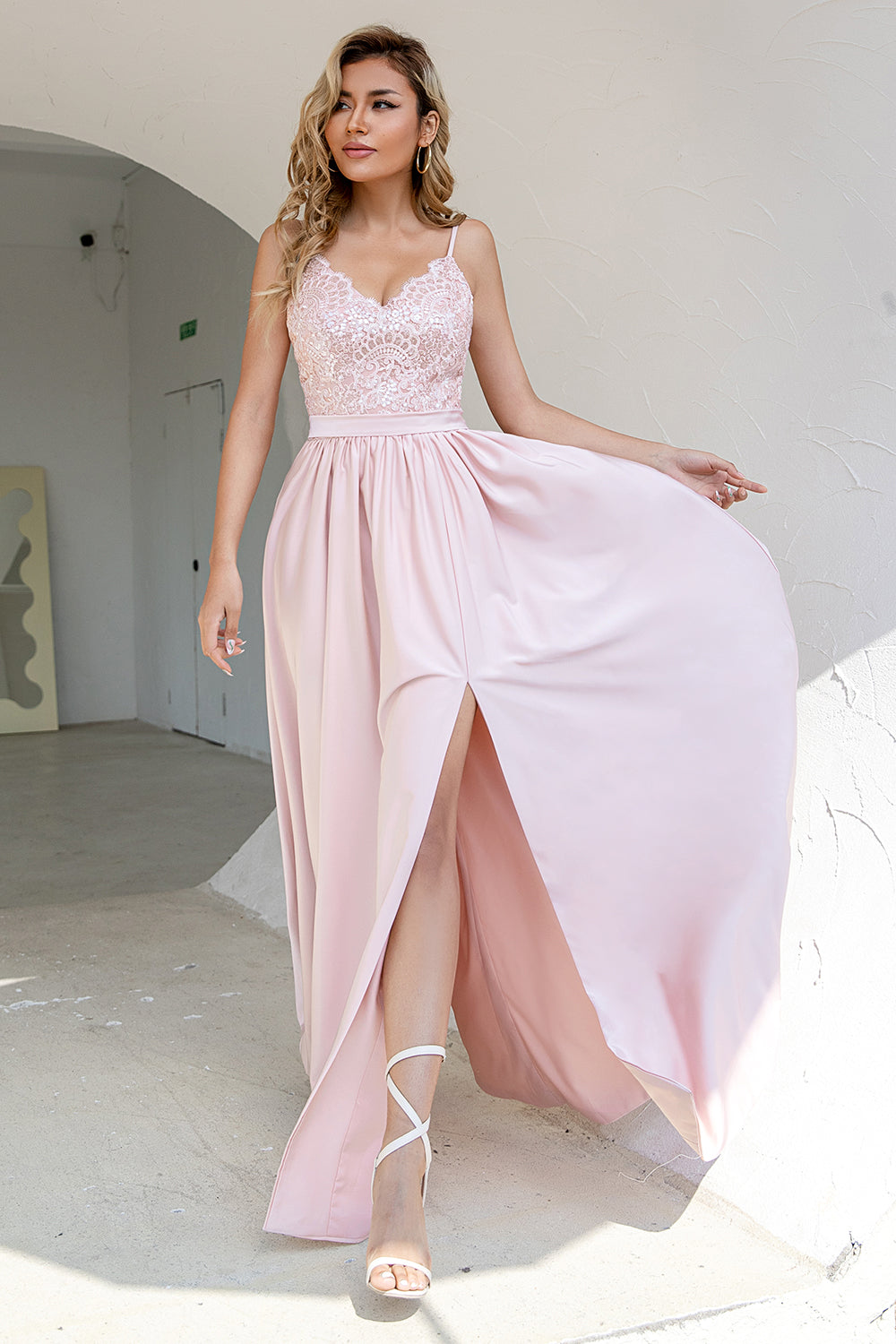 Blush Sequins Prom Dress with Slit