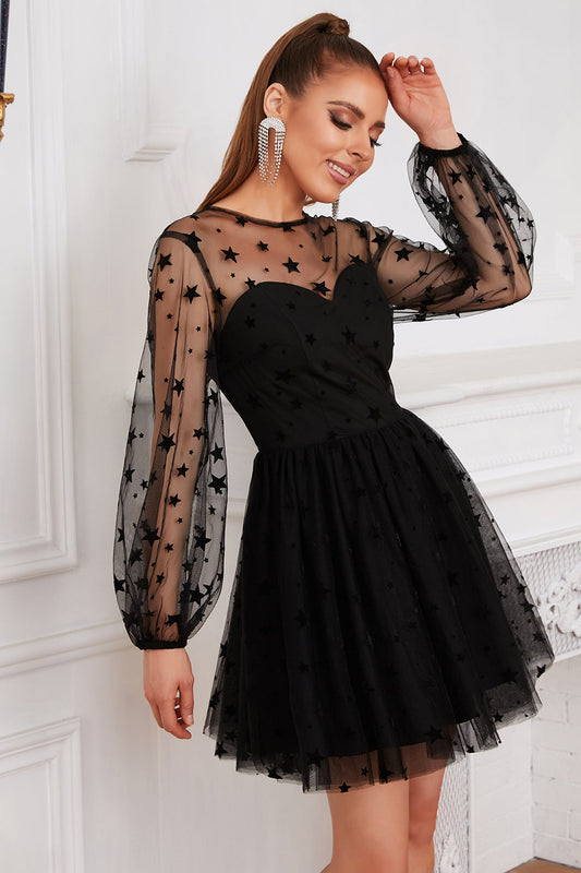 Long Sleeves Tulle Little Black Dress