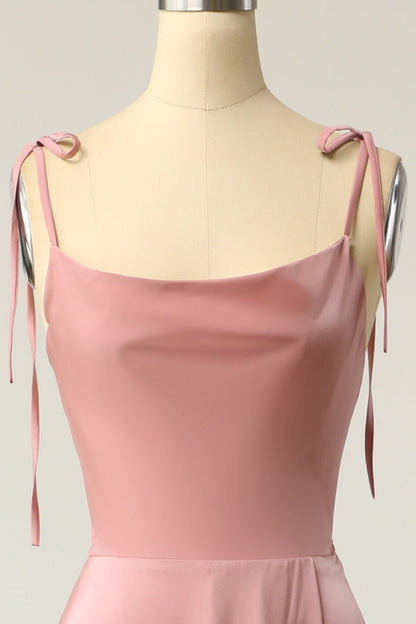 Blush Spaghetti Straps Long Dress with Bowknot