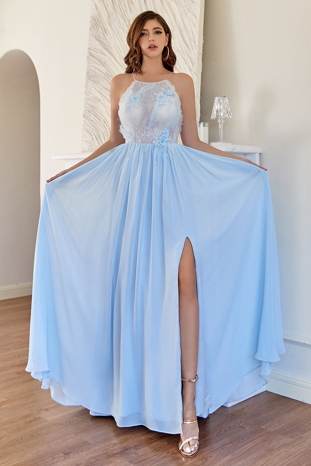 Halter Light Blue Bridesmaid Dress