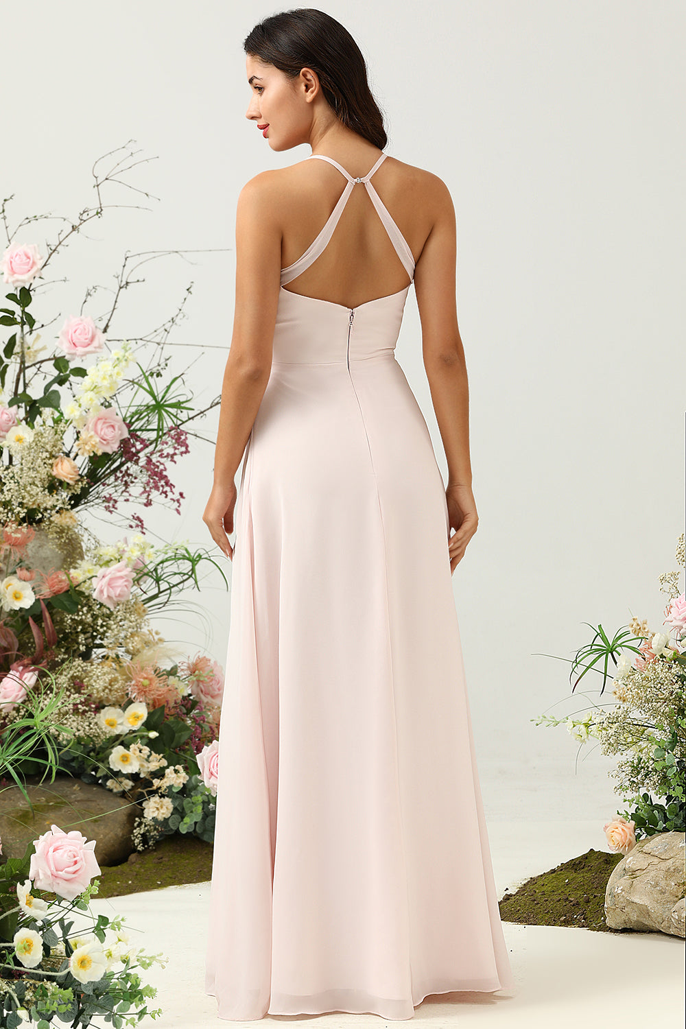 Pink Mermaid Chiffon Long Bridesmaid Dress with Slit