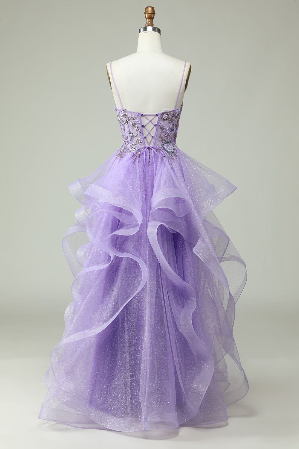 A Line Spaghetti Straps Purple Long Prom Dress with Appliques