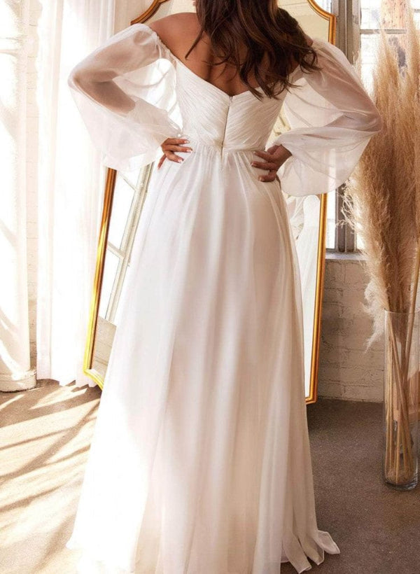 A-Line Off-the-Shoulder Long Sleeves Chiffon Floor-Length Wedding Dress