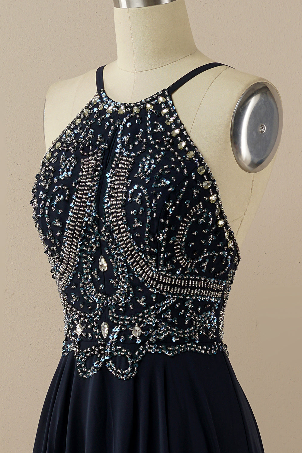 Halter Beaded Backless Prom Dress