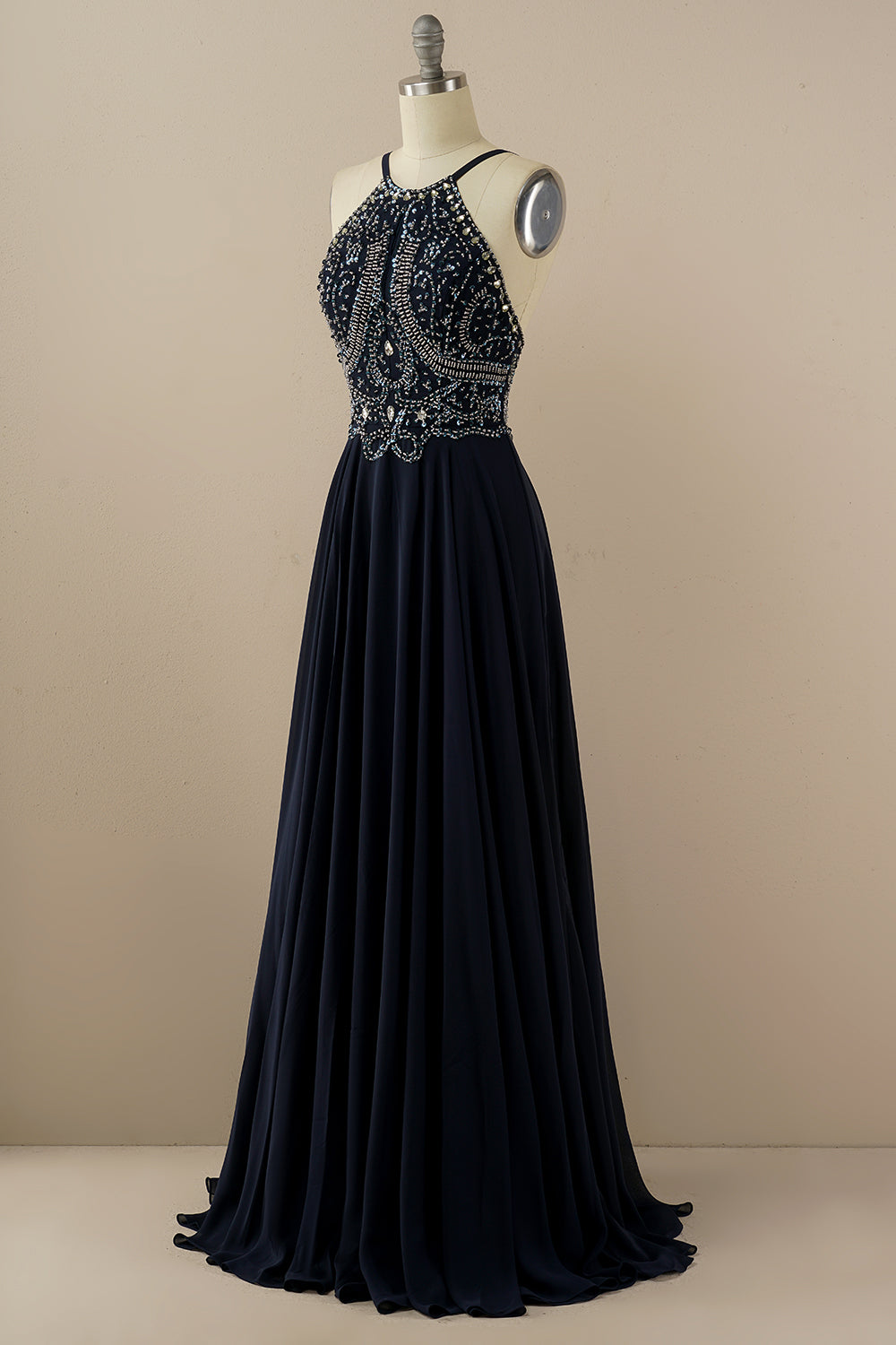 Halter Beaded Backless Prom Dress