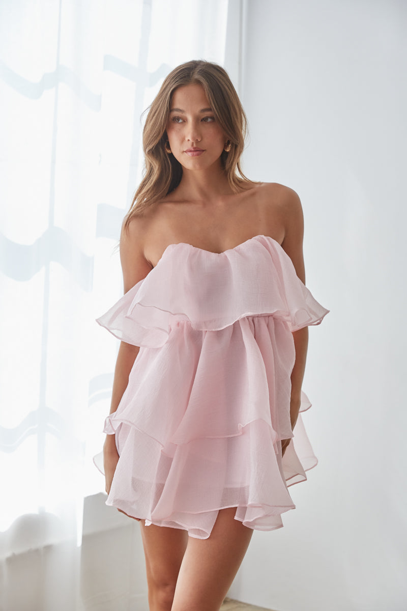 Alesia Strapless Tiered Organza Babydoll Mini Dress