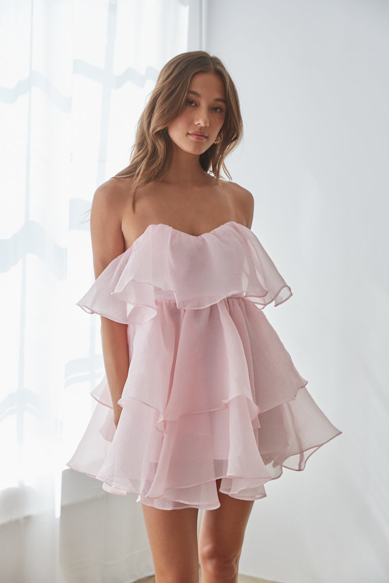 Alesia Strapless Tiered Organza Babydoll Mini Dress