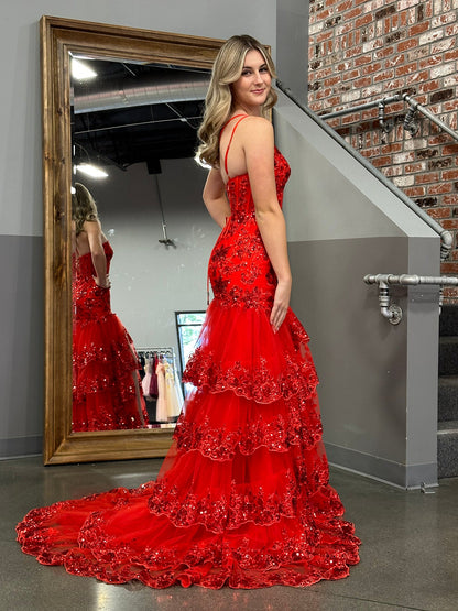 Andrea |Sheath One Shoulder Tiered Lace Long Prom Dress
