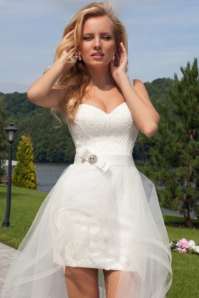 Beach Short Sweetheart Detachable Lace Wedding Dress With Tied Back