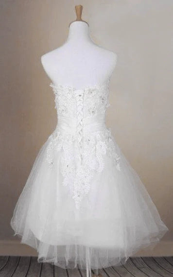 Beaded Short Tulle Wedding Dress With Lace Bodice and Straight Neckline