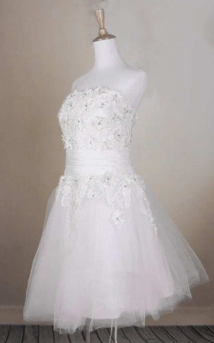 Beaded Short Tulle Wedding Dress With Lace Bodice and Straight Neckline