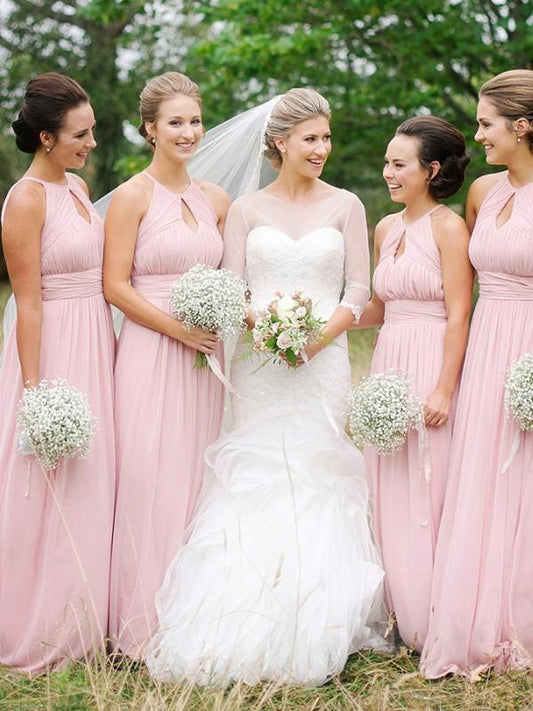 A-line Halter Sweep Train Chiffon Simple Bridesmaid Dresses