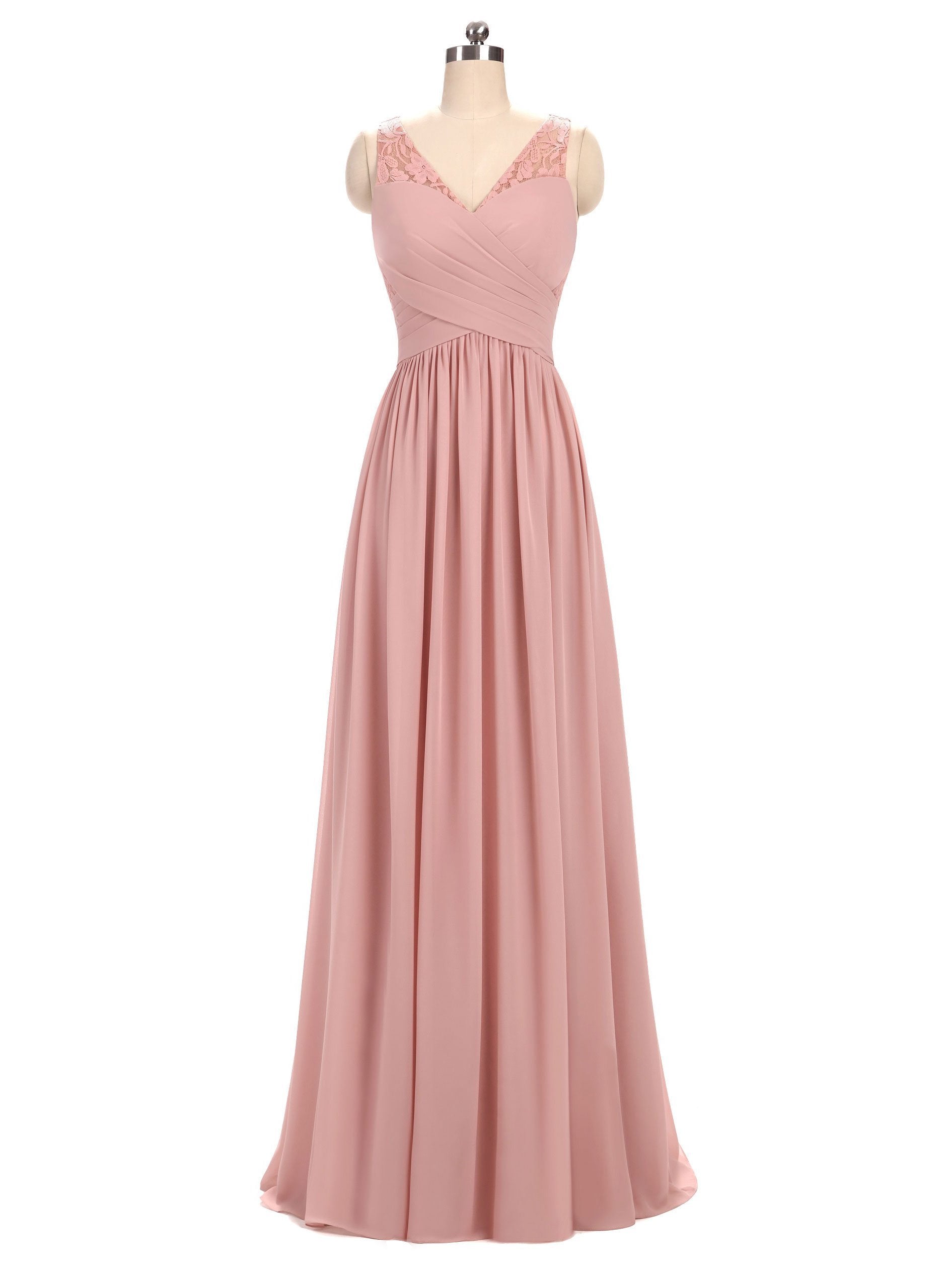 A-line V-Neck Floor-Length Chiffon Lace  Pink Bridesmaid Dresses