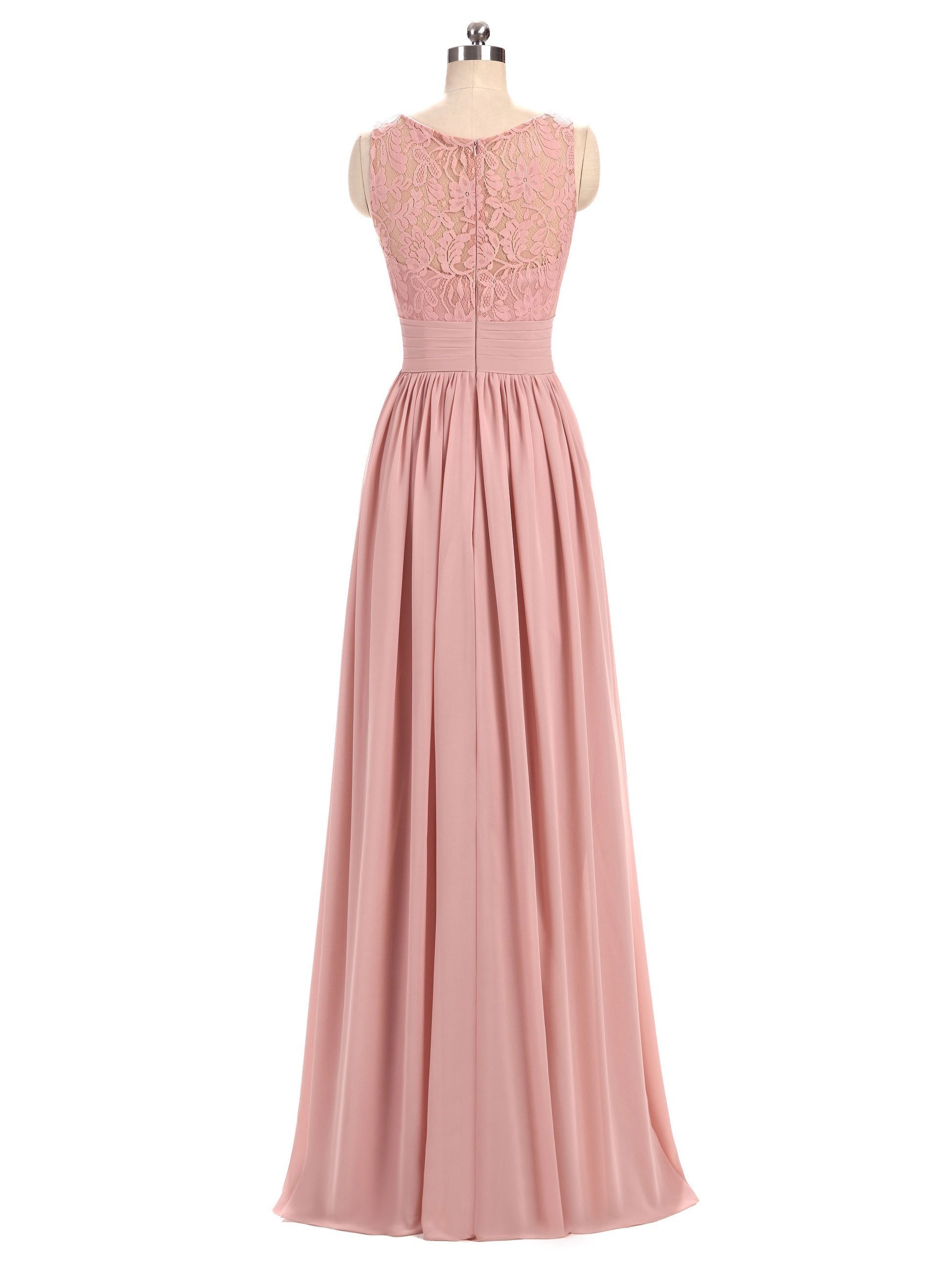 A-line V-Neck Floor-Length Chiffon Lace  Pink Bridesmaid Dresses