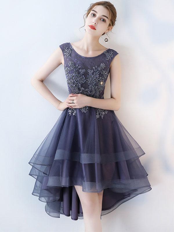 A-line Scoop-Neck Mini High-Low Tulle Short Appliqued Homecoming Dresses