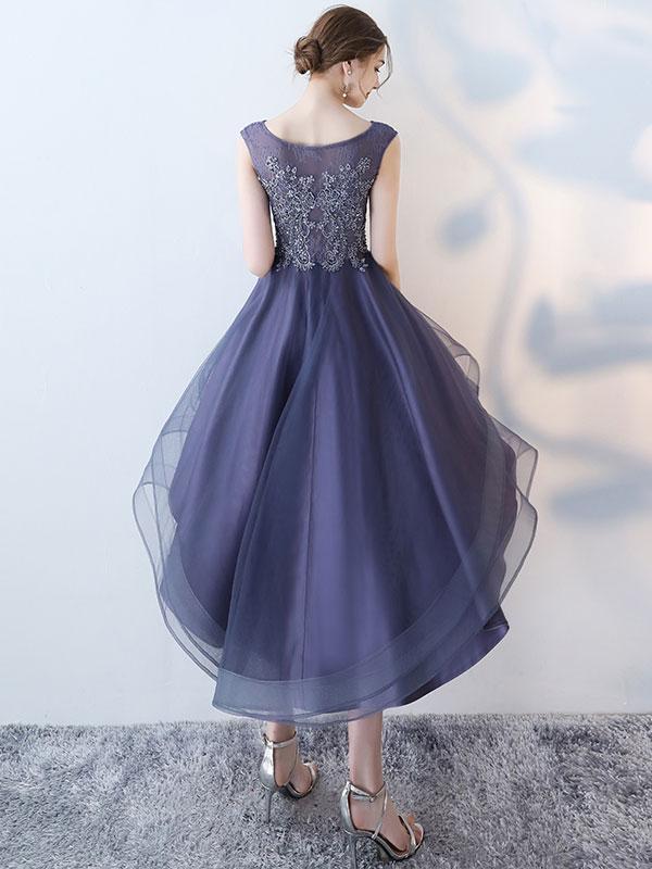 A-line Scoop-Neck Mini High-Low Tulle Short Appliqued Homecoming Dresses