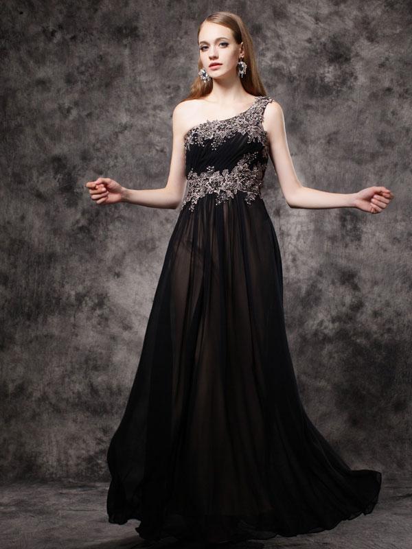 A-line Asymmetric Floor-Length Chiffon Appliqued Rhine Stone Prom Dress