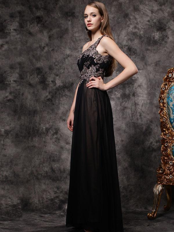 A-line Asymmetric Floor-Length Chiffon Appliqued Rhine Stone Prom Dress