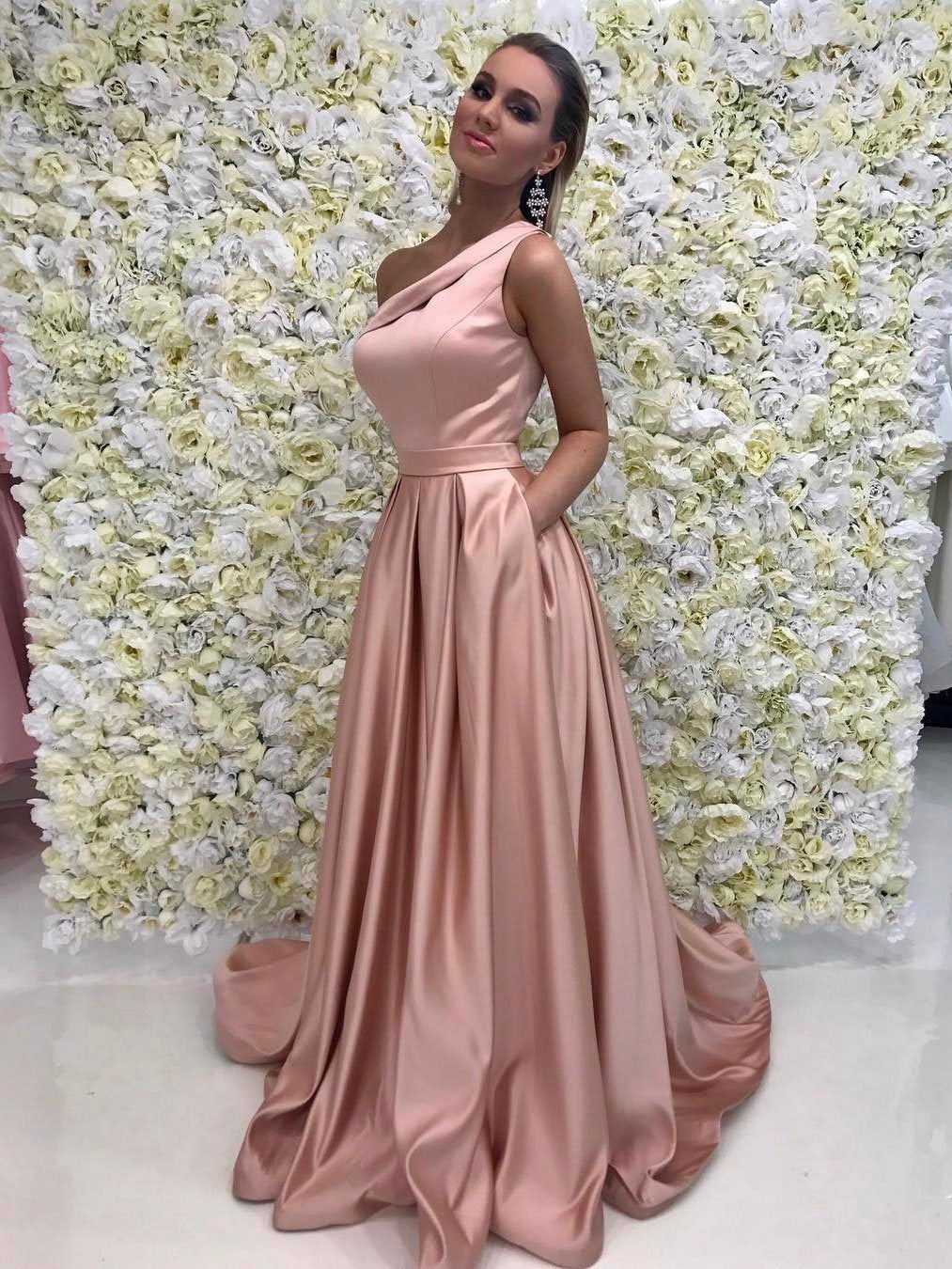 A-line Asymmetric Sweep Train Satin Simple Prom Dresses