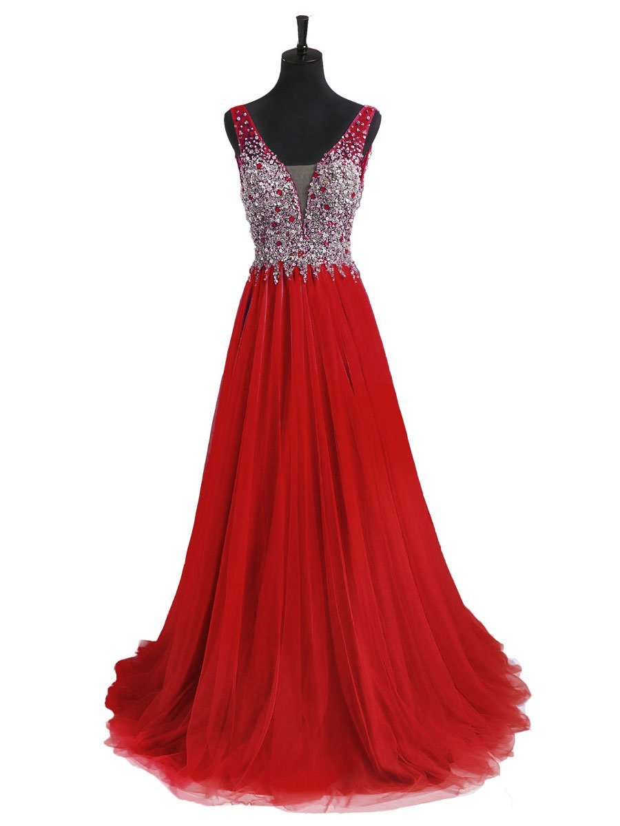 A-line Deep-V Sweep Train Tulle Beaded Sequined Red Prom Dress