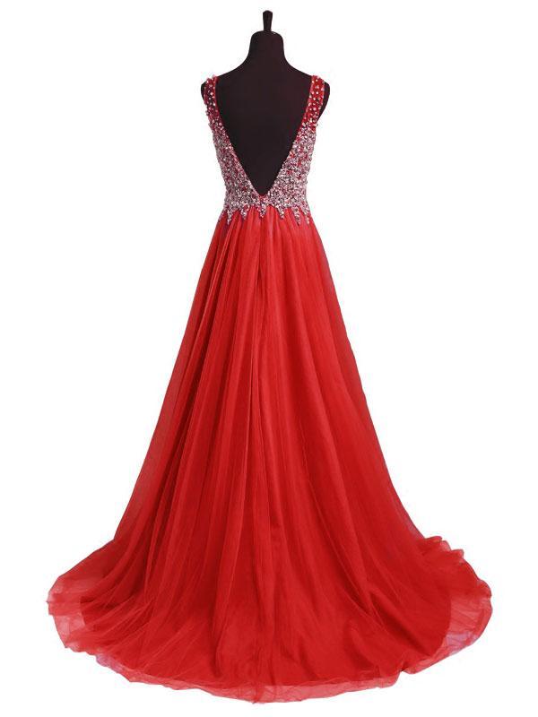 A-line Deep-V Sweep Train Tulle Beaded Sequined Red Prom Dress