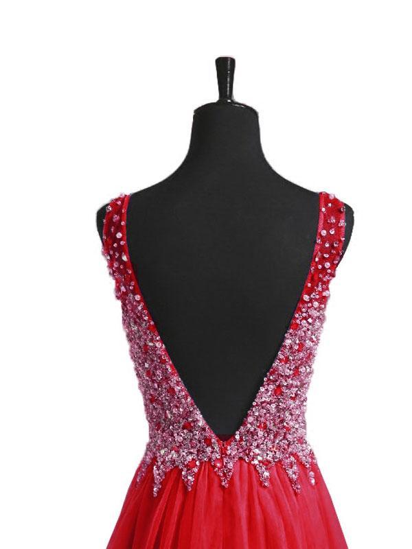 A-line Deep-V Sweep Train Tulle Beaded Sequined Red Prom Dress