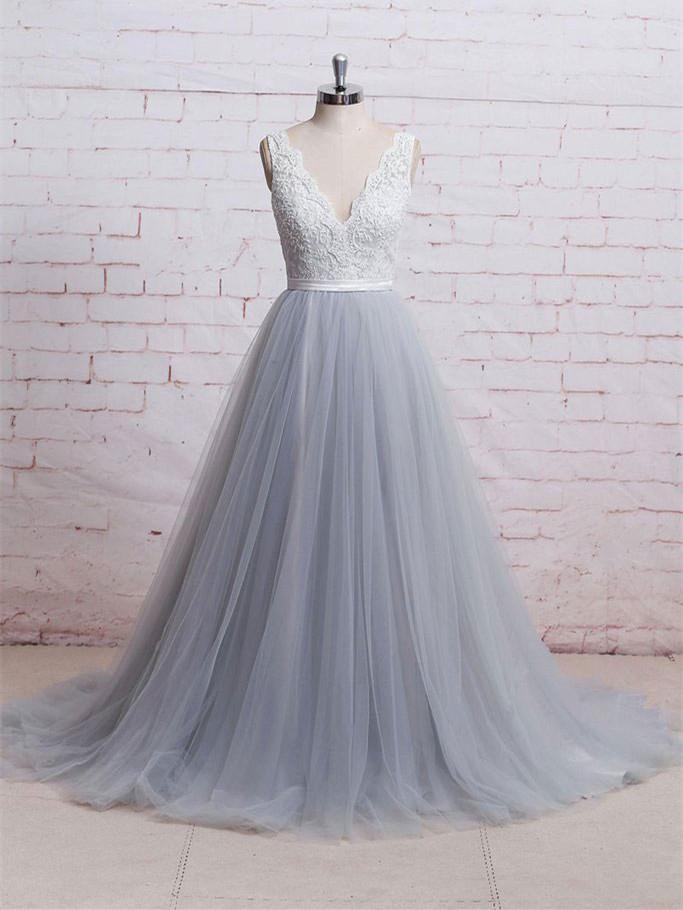 A-line Deep-V Sweep Train Tulle Lace Beaded Prom Dresses