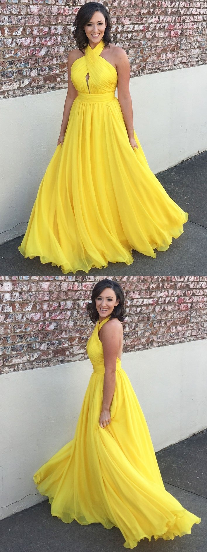 A-line Halter Sweep Train Chiffon Simple Yellow Prom Dress