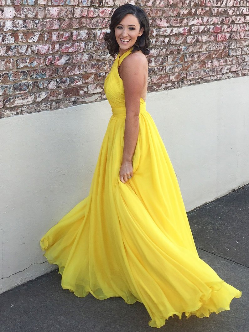 A-line Halter Sweep Train Chiffon Simple Yellow Prom Dress