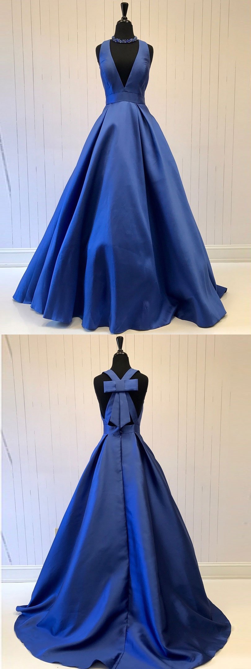 A-line Halter Sweep Train Satin Bow Prom Dress