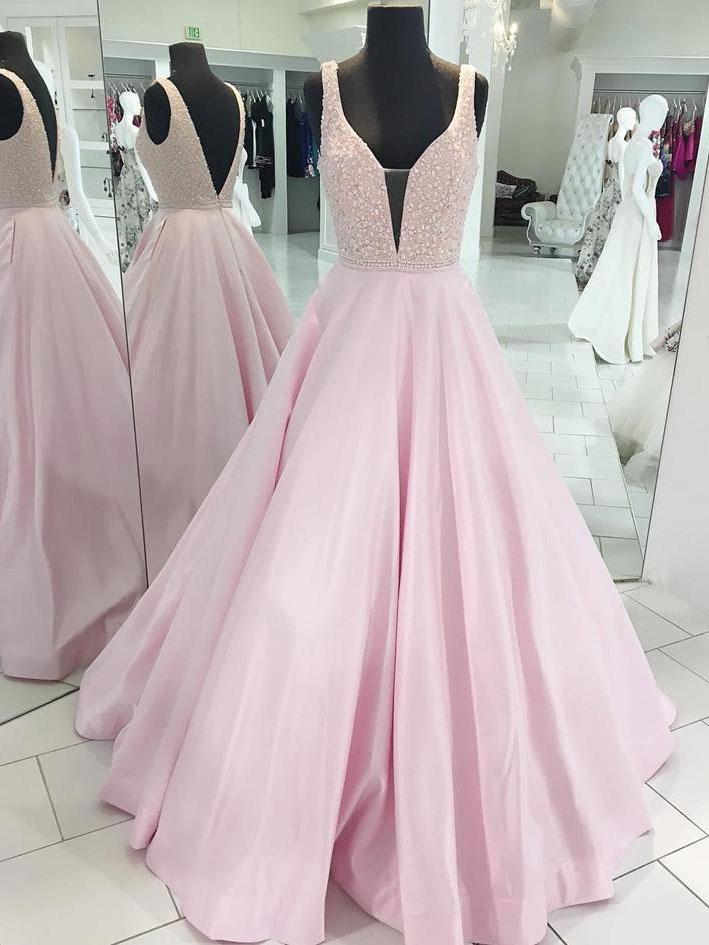 A-line Illusion Floor-Length Satin Rhine Stone Pink Prom Dress