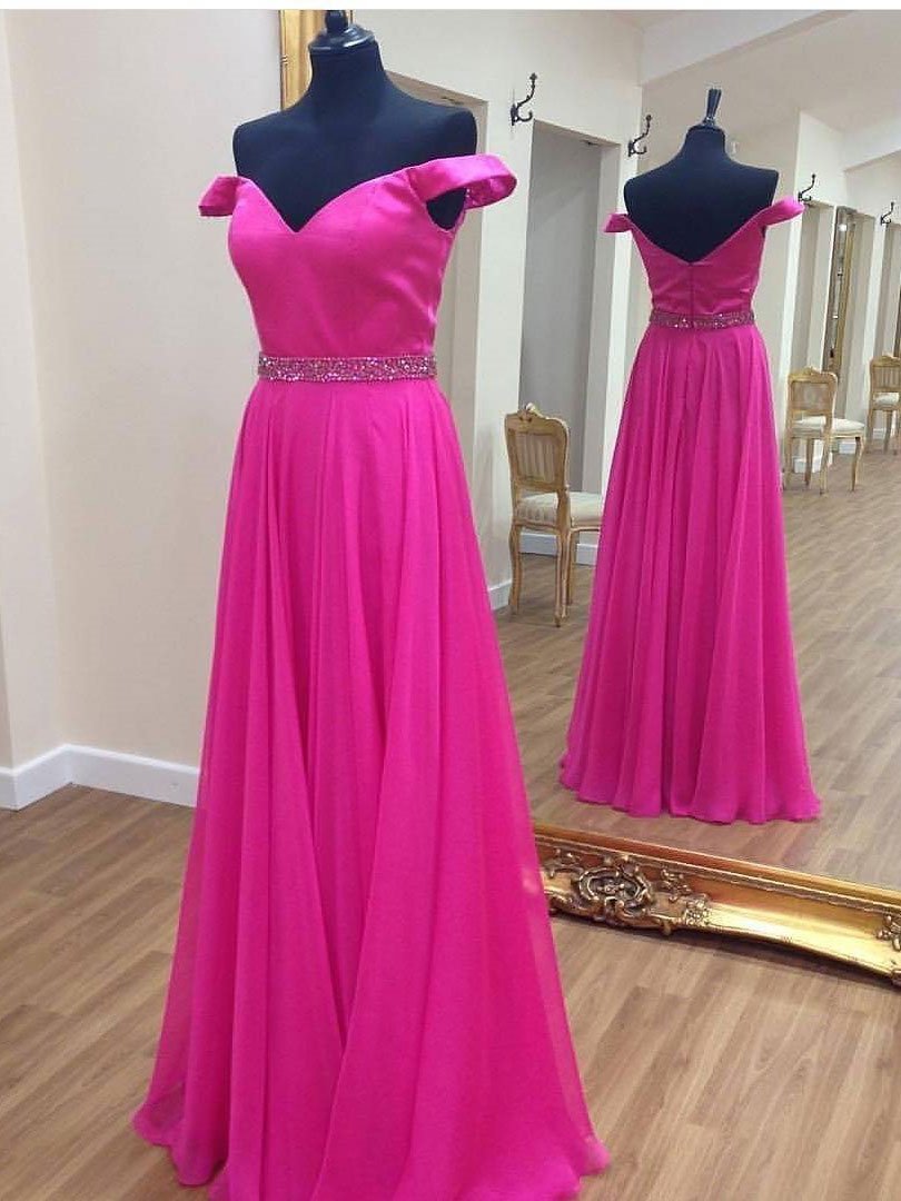 A-line  Off-Shoulder Floor-Length Chiffon Rhine Stone Prom Dresses