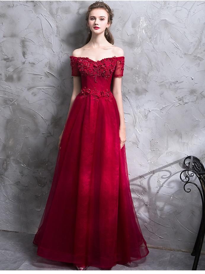 A-line Off-Shoulder Floor-Length Tulle Appliqued Beaded Red Prom Dresses