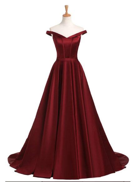 A-line Off-Shoulder Sweep Train Satin Burgundy Prom Dress