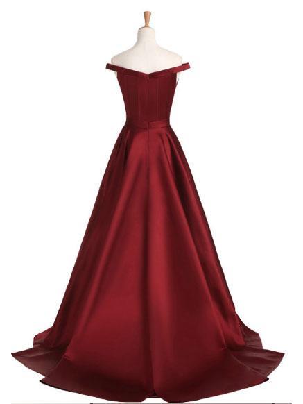 A-line Off-Shoulder Sweep Train Satin Burgundy Prom Dress