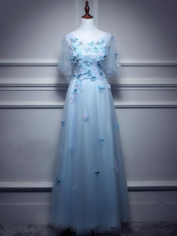 A-line Scoop-neck Floor-Length Tulle Appliqued Ink Blue Prom Dresses With Butterflies