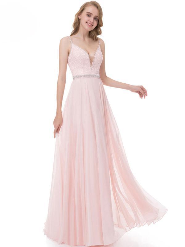 A-line Spaghetti Strap Floor-Length Chiffon Beaded Pink Prom Dress