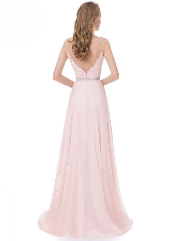 A-line Spaghetti Strap Floor-Length Chiffon Beaded Pink Prom Dress