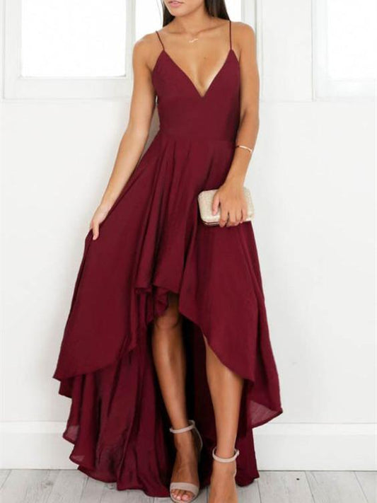 A-line Spaghetti Strap High-Low Chiffon Simple Burgundy Prom Dresses